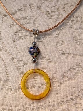 Handcrafted Blue Heart & Amber Orange Pendant Corded Necklace